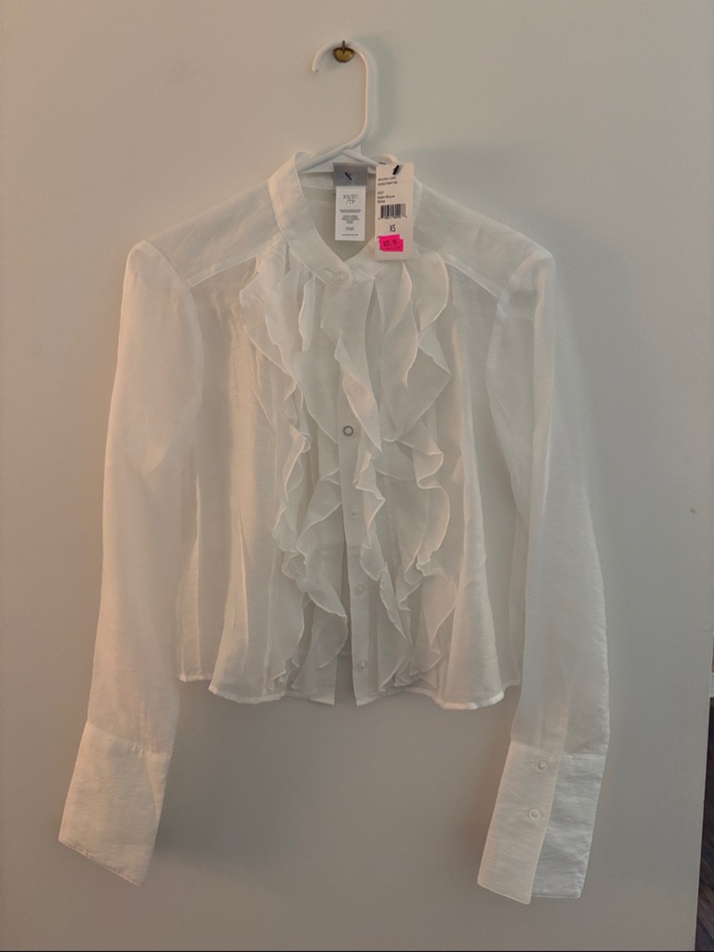 White Ruffle Front Long-Sleeve Blouse